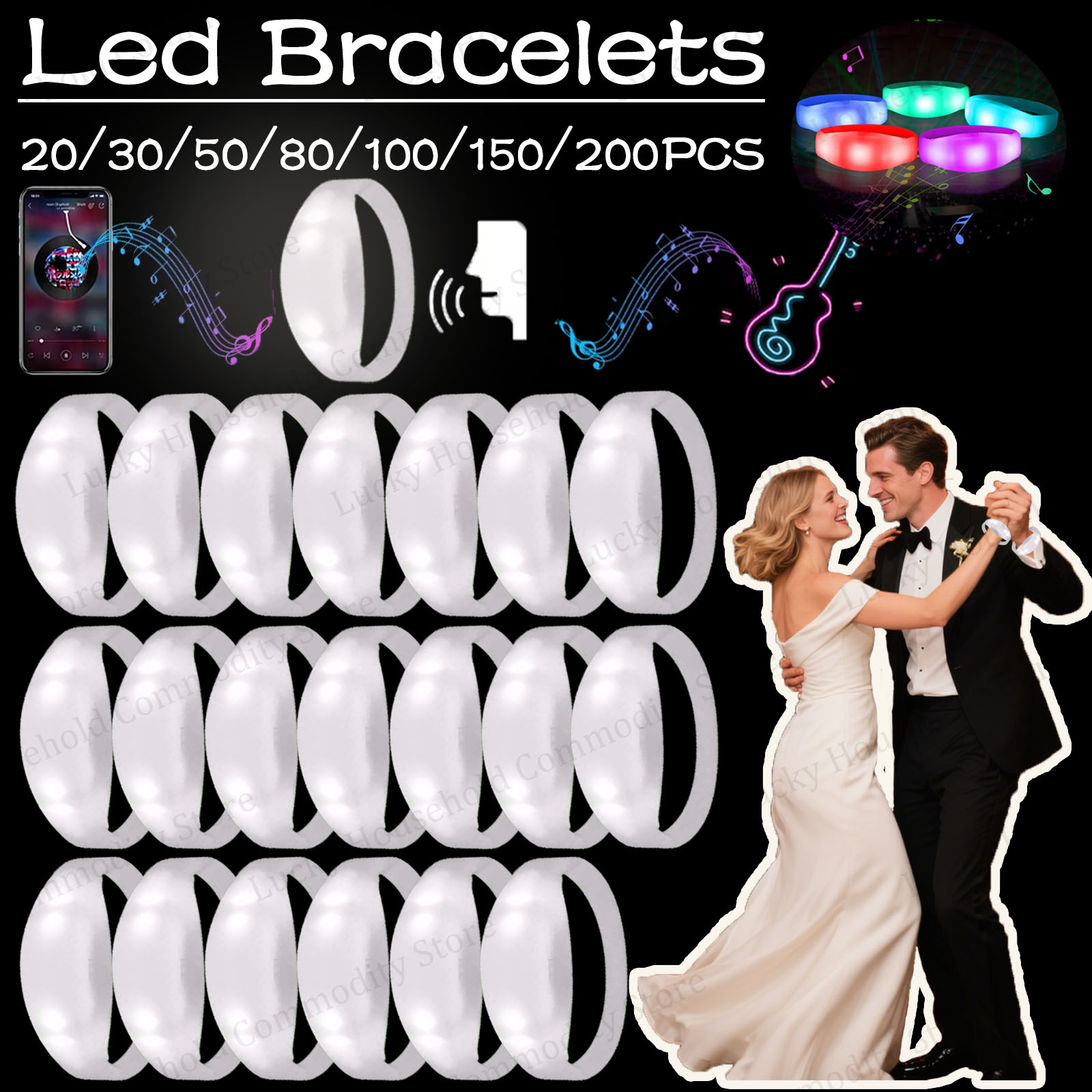 Audio Music Dj - 20-100 ชิ้น กำไลข้อมือ LED แบบเรืองแสง ตอบสนองต่อเสียงเพลง