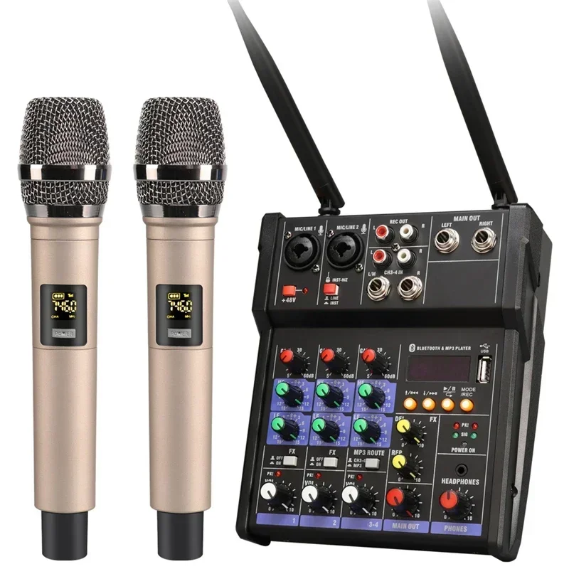 Audio Music Dj - เครื่องผสมเสียง USB 4 ช่องพร้อมไมโครโฟนไร้สายสตูดิโอเครื่องผสมเสียงพร้อมบลูทูธคอนโซลดีเจผสมสําหรับโทรศัพท์ไมโครคาราโอเกะ